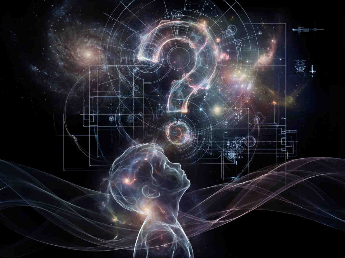 A silhouette of a child looking up at a starry night sky, asking 'why?', sense of wonder, gentle blue tones, contemplative mood