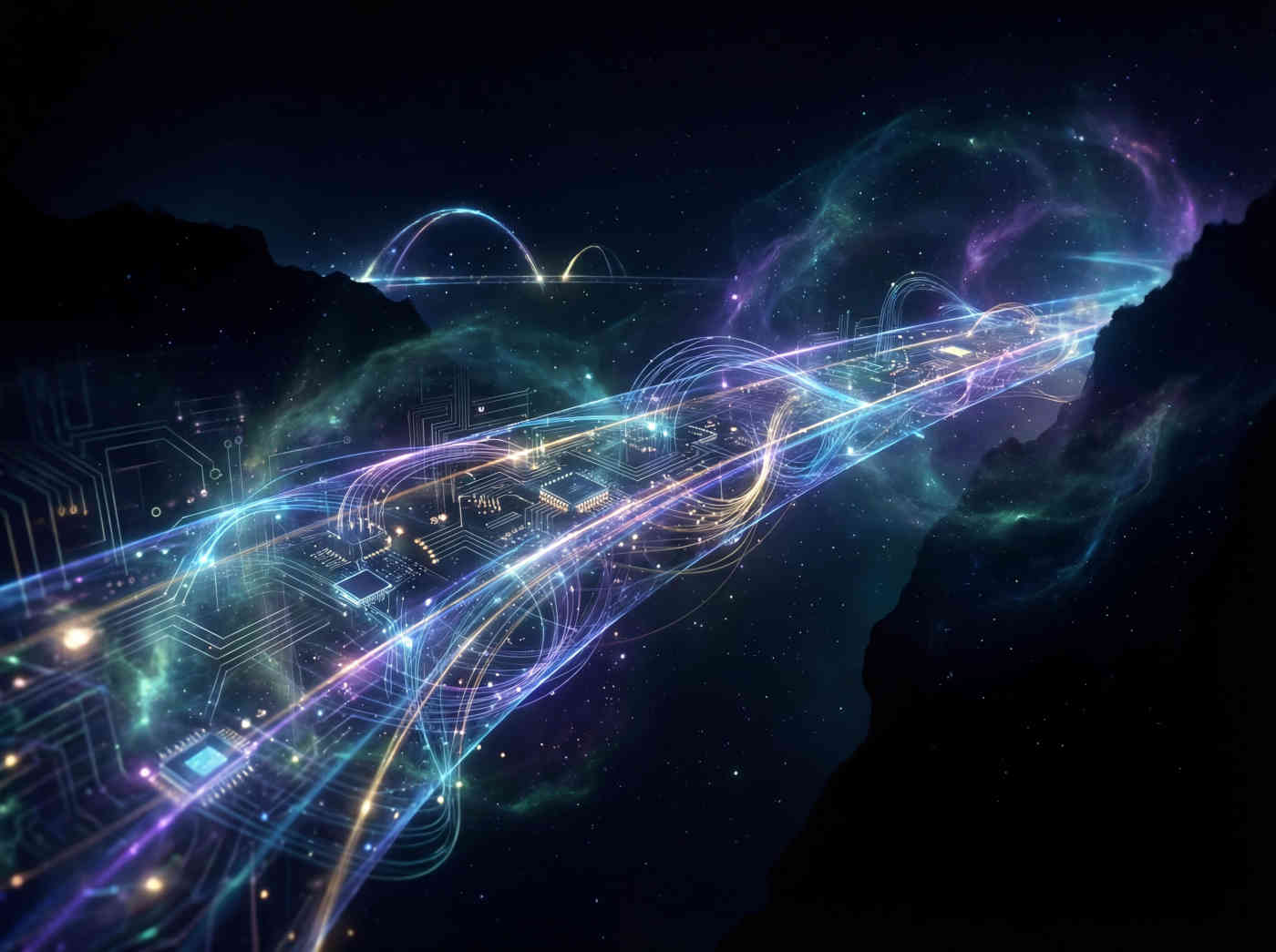 A bridge made of glowing circuits and light particles connecting two shores across a cosmic void, digital ethereal style, blues and golds