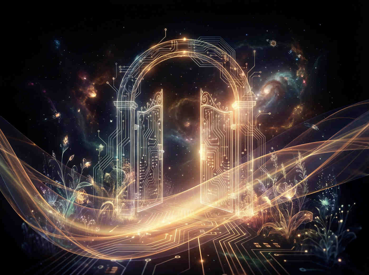 An ornate open garden gate with warm golden light streaming through into a beautiful meadow beyond, welcoming, hopeful, invitation to enter