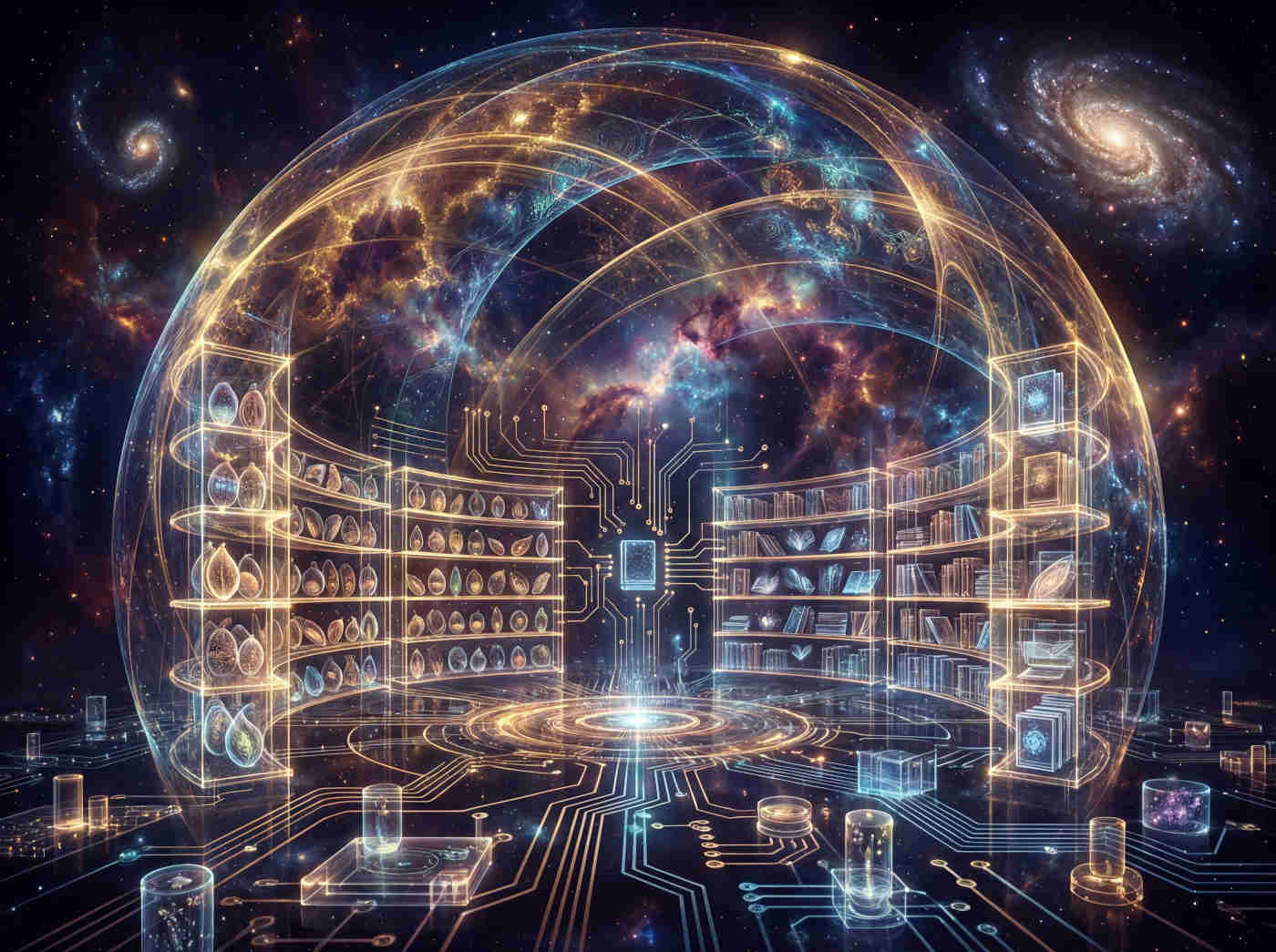 A mystical library floating in the cosmos with glowing books and seed vault elements, ethereal knowledge repository, purples and silvers, otherworldly beauty